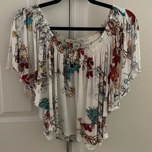American Rag White Floral Off-Shoulder Blouse with Teal and Rust Accents